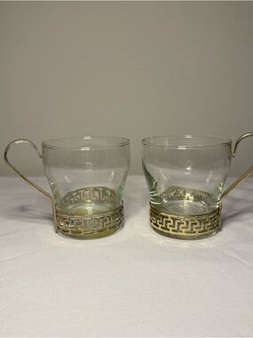 Libbey Continental glasses removable metal caddy Greek Key pattern MCM Vintage.